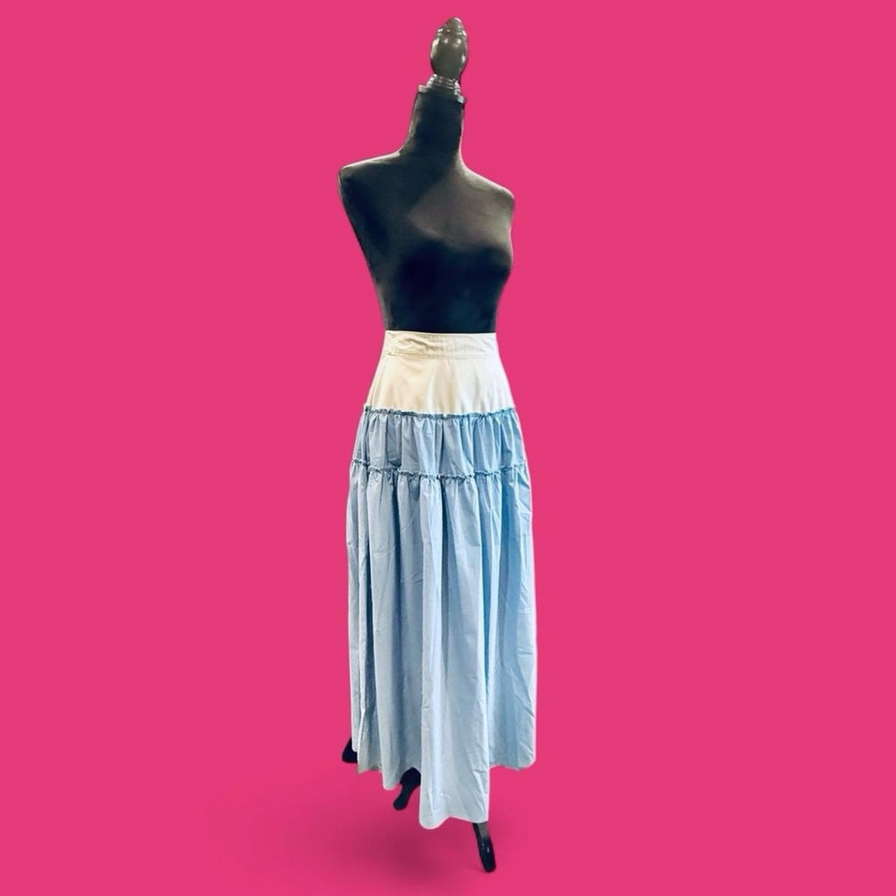 By Design Tiered Maxi Skirt Blue Prairie Cottagecore Side Zip Waist Modest SM